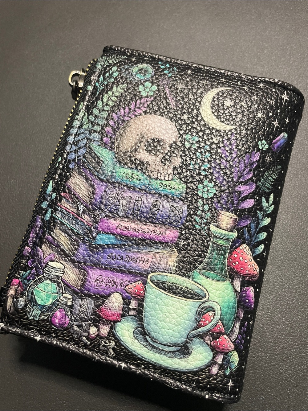 Goth Skull Tea & Books Compact Wallet - Black with Teal & Purple Artwork - Picture 9 of 13